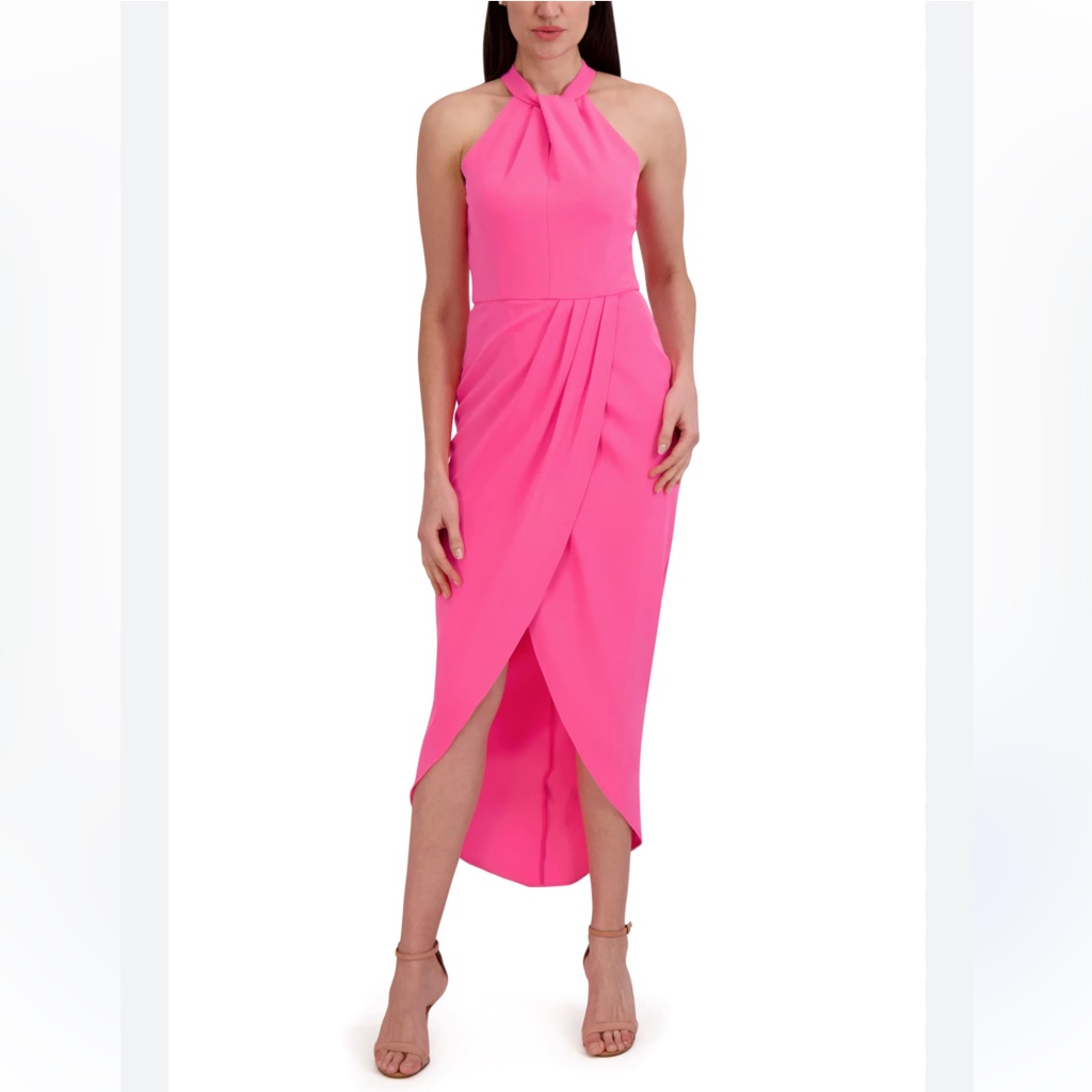 Julia Jordan Halter Knot Neck Tulip Hem Midi Dress Size 2 Neon Hot Pink